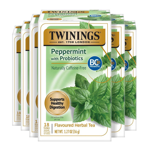 Twinings Peppermint with Probiotics Herbal Tea, 18 Count (Pack of 6), Supports Healthy Digestion, Naturally Caffeine-Free, Enjoy Hot or Iced, 108 Teabags