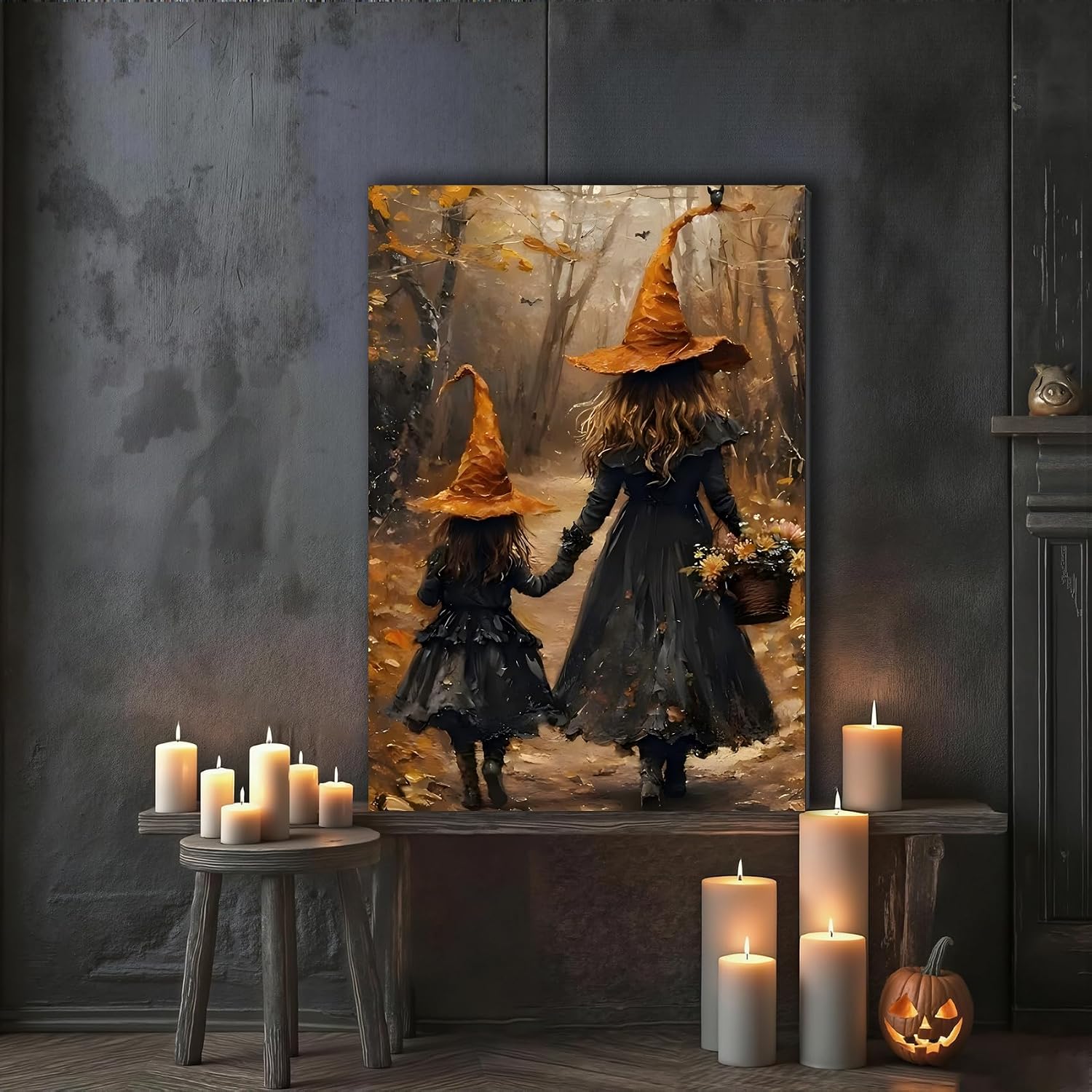 Halloween Witch Framed Canvas Art 16x24, Two Cute Witches in the Autumn Scene Forest Poster, Fall Pictures Wall Decor Prints for Living Room, Bedroom, Perfect Festive Home Decorations