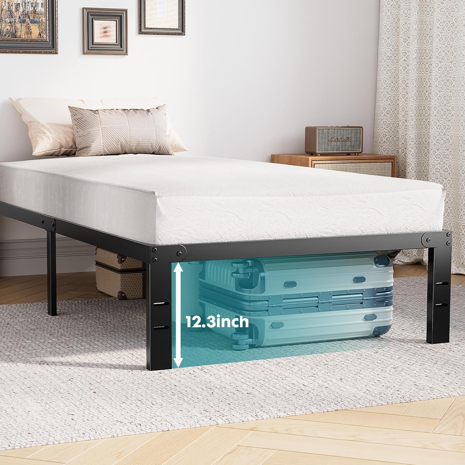 OLIXIS Twin Metal Platform Bed Frame - 14in High Heavy Duty Mattress Foundation with Storage Space, No Box Spring Needed, Sturdy Steel Slat Support, Easy Assembly, Black