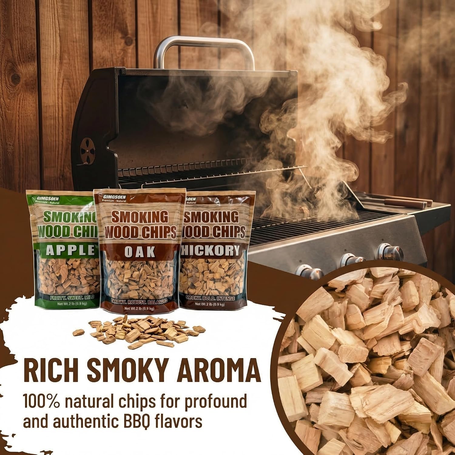 Smoking Wood Chips Variety Pack, 3 Flavors (Oak, Hickory, Apple), 2 lbs × 3 — All-Natural BBQ Smoking Chips for Smoker Box, Electric Smokers, Pellet & Charcoal Grills