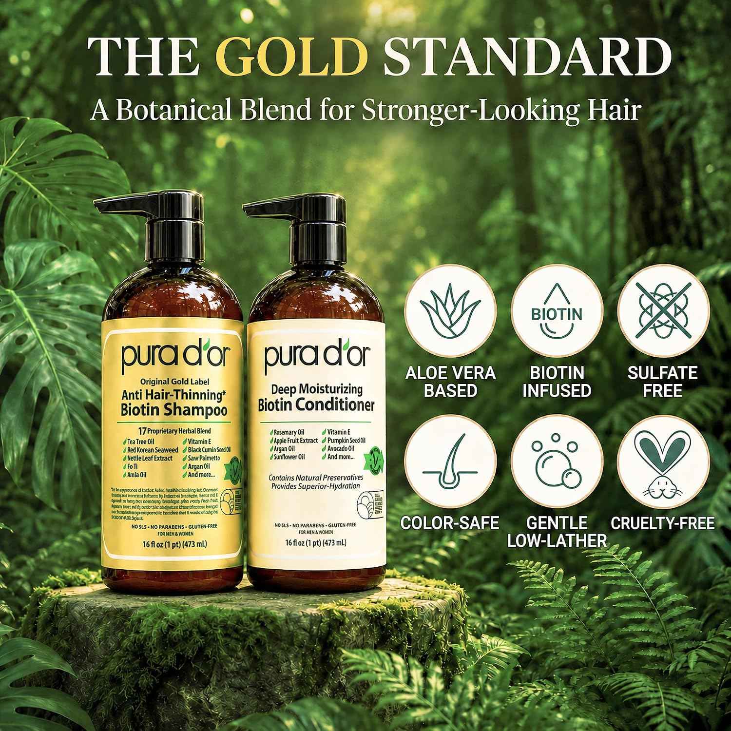 PURA D'OR Gold Label Anti-Thinning Biotin Shampoo & Conditioner, 16oz x2 | Thicker-Looking Hair, Clinically Tested, Botanical Extracts, Aloe Vera Base, Men & Women, Sulfate-Free, Natural Earthy Scent