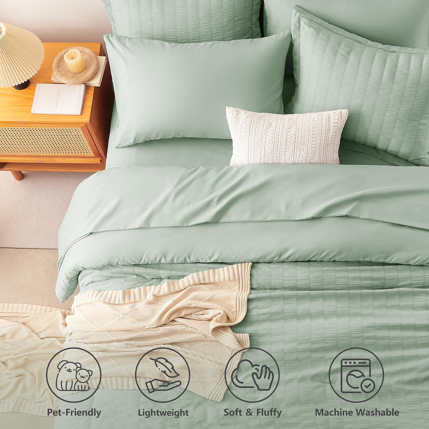 CozyLux Full Size Comforter Set 7 Pieces Sage Green Seersucker Bed in a Bag