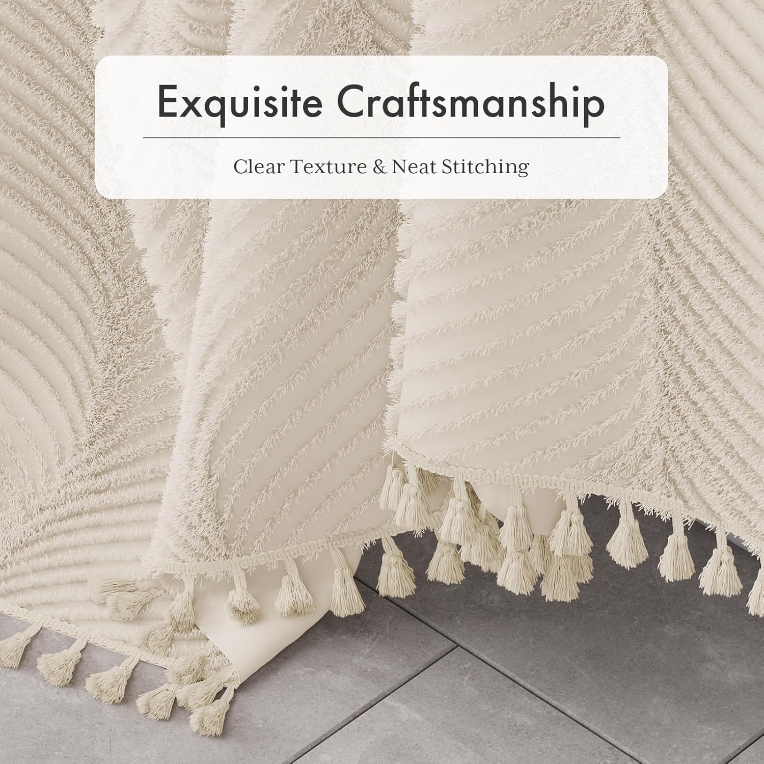 AmazerBath Boho Farmhouse Shower Curtain with Tassels, Soft Cloth Beige Shower Curtain Set, Herringbone Chevron Minimalist Fabric Rustic Shower Curtain with Hooks, Hotel Quality, 72x72 Inches