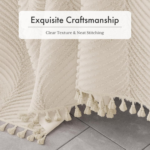 AmazerBath Boho Farmhouse Shower Curtain with Tassels, Soft Cloth Beige Shower Curtain Set, Herringbone Chevron Minimalist Fabric Rustic Shower Curtain with Hooks, Hotel Quality, 72x72 Inches