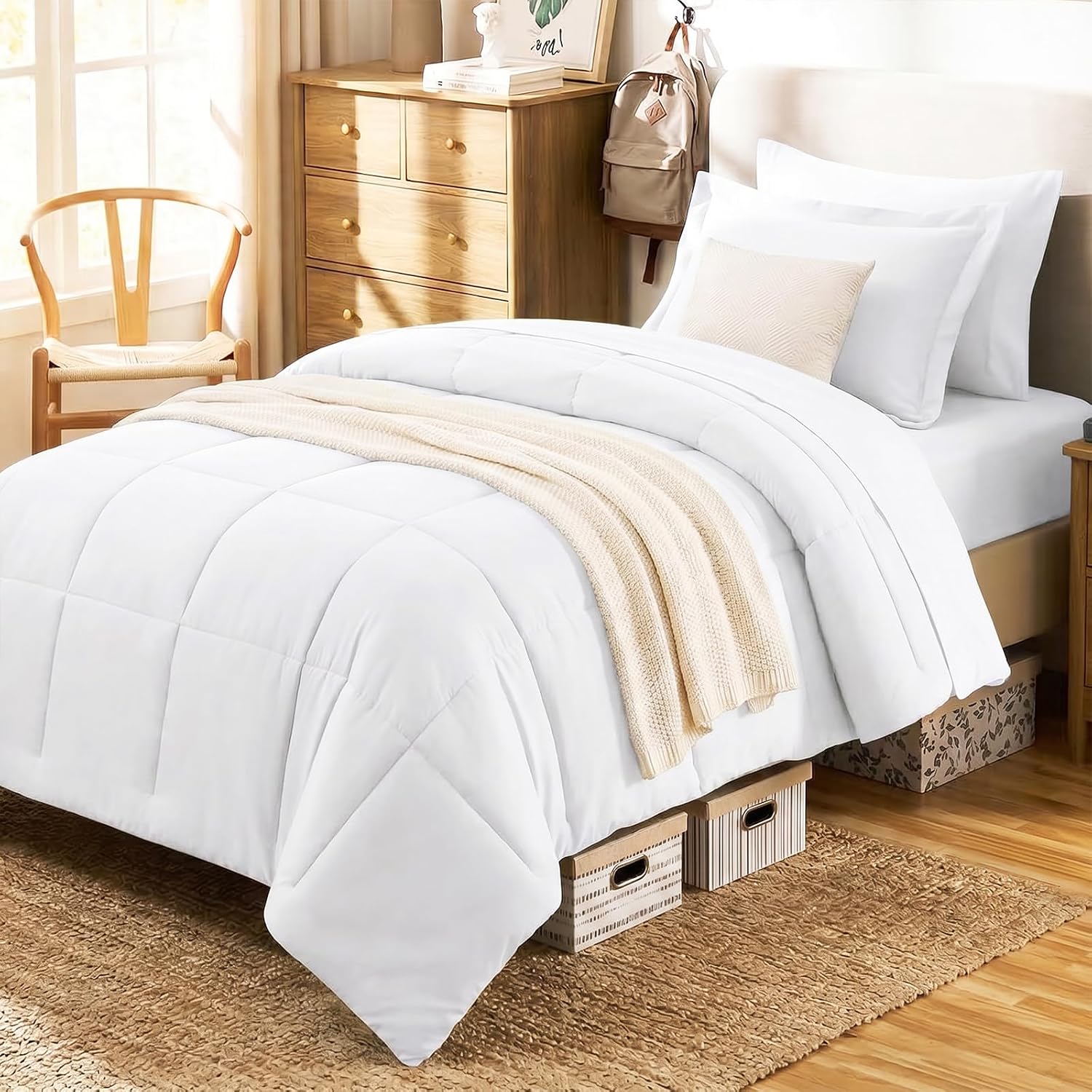 CozyLux Twin Comforter Set, 5-Piece Bed in a Bag, White