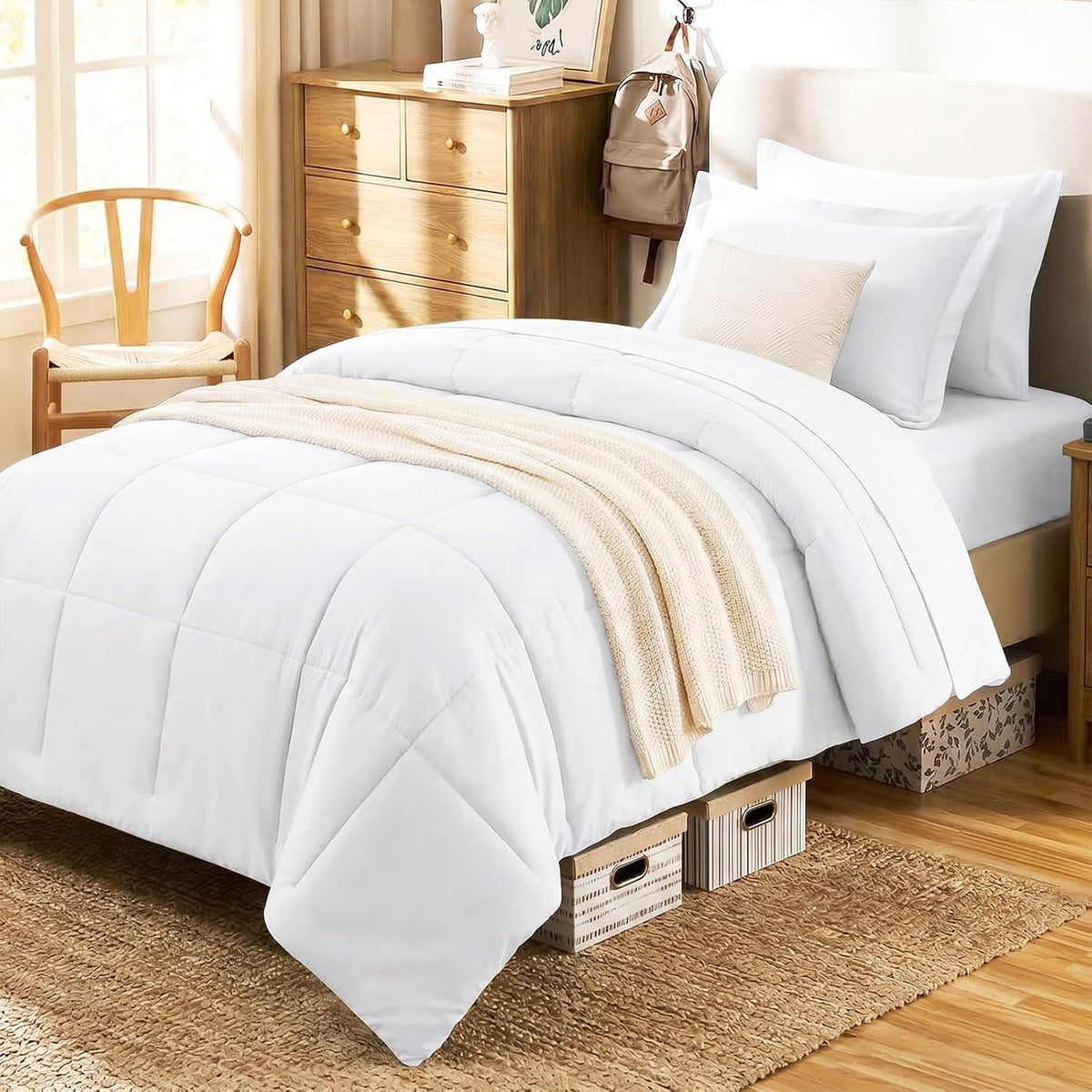 CozyLux Twin Comforter Set, 5-Piece Bed in a Bag, White