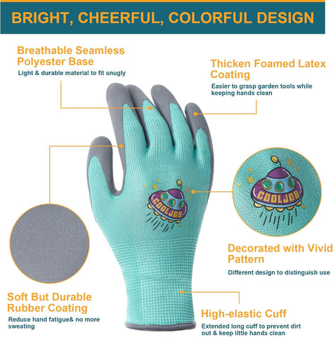 COOLJOB 3 Pairs Kids Gardening Gloves for Age 3-5, Children Grippy Rubber Coated Garden Work Gloves, Orange & Green & Yellow, Small Size (3 Pairs S)