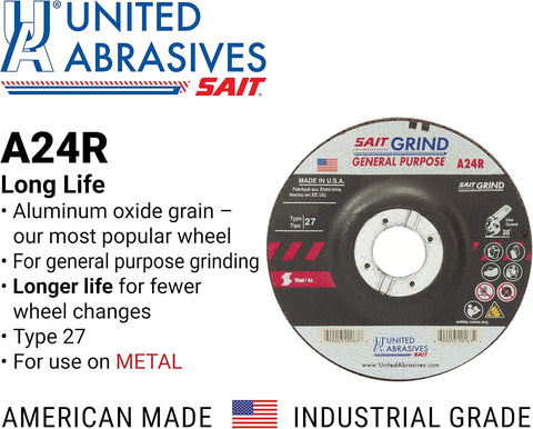 United Abrasives-SAIT 20063 A24R General Purpose/Long Life Grinding Wheel (Type 27/Depressed Center) 4 1/2" x 1/4" x 7/8", 25-Pack