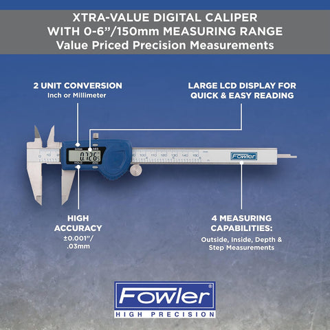 Fowler 54-101-150-2, Xtra-Value Cal Digital Caliper With 0-6"/150MM Measuring Range,Blue
