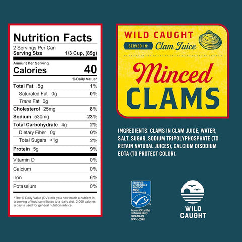 Snow's Wild Caught Minced Clams Canned, 6.5 oz Can (Pack of 12) - 5g Protein Per Serving - Gluten Free, Keto Friendly, 99% Fat Free