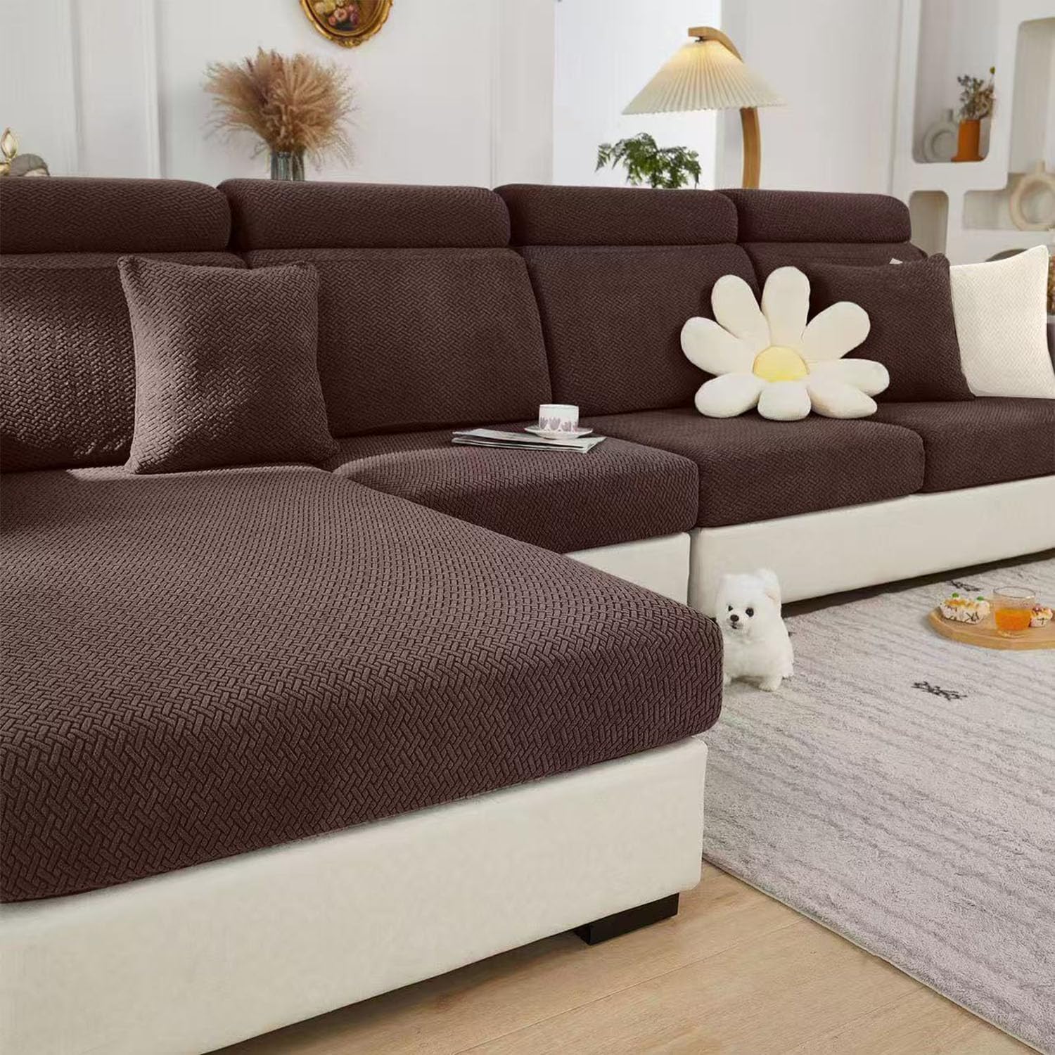 Soothing Home Sofa Covers, Sofa Hero Covers for Couch, Couch Cushion Covers, Sofa Covers Washable Sectional Couchs Covers Stretch Slipcovers for Pets (Brown,Chaise Cover)