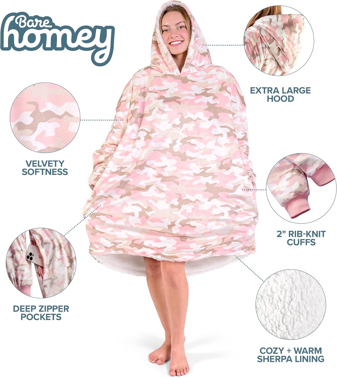 Bare Home Wearable Blanket Hoodie - Soft Plush Sherpa - Warm and Cozy - Oversized Wearable Blanket