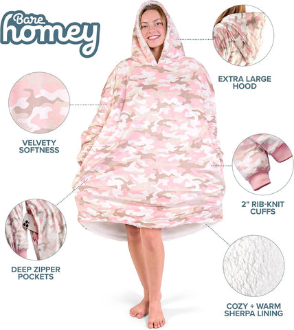 Bare Home Wearable Blanket Hoodie - Soft Plush Sherpa - Warm and Cozy - Oversized Wearable Blanket