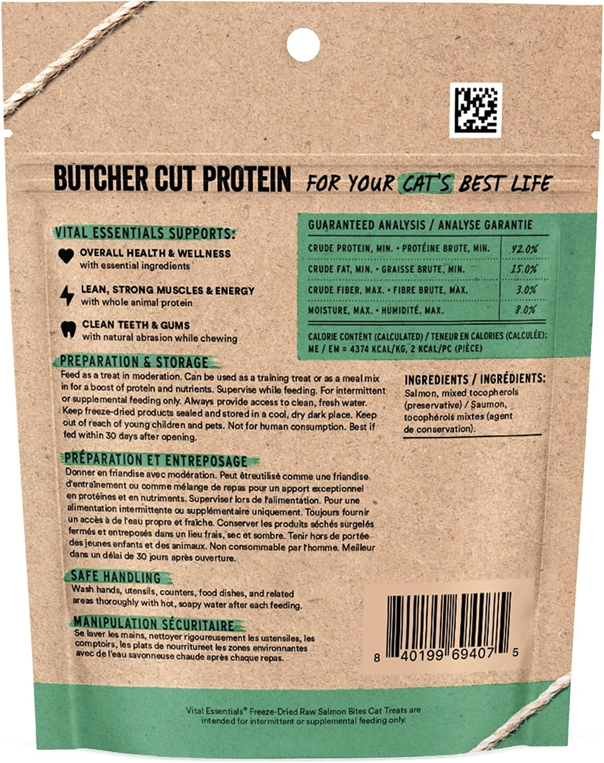 Vital Essentials Freeze Dried Cat Treats, Salmon Bites, 1.1 oz Bag