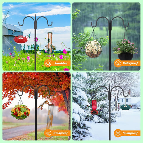 FEED GARDEN Heavy Duty Shepherds Hook 92" Double Hooks Adjustable (44/60/76/92") - Metal 5-Prong Base, 15lb Capacity - Easy Assembly Bird Feeder Pole for Hanging Planters, Lanterns, Wind Chimes
