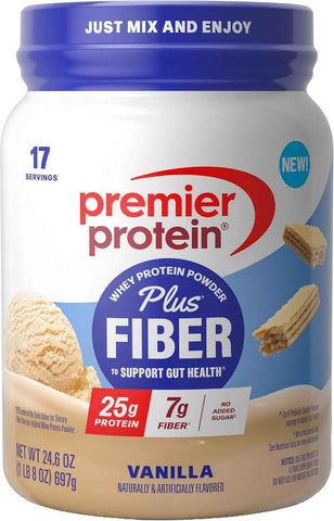 Premier Protein Powder Plus Fiber, Vanilla, 25g Protein, 7g Fiber to Support Gut Health, No Added Sugar (17 Servings)