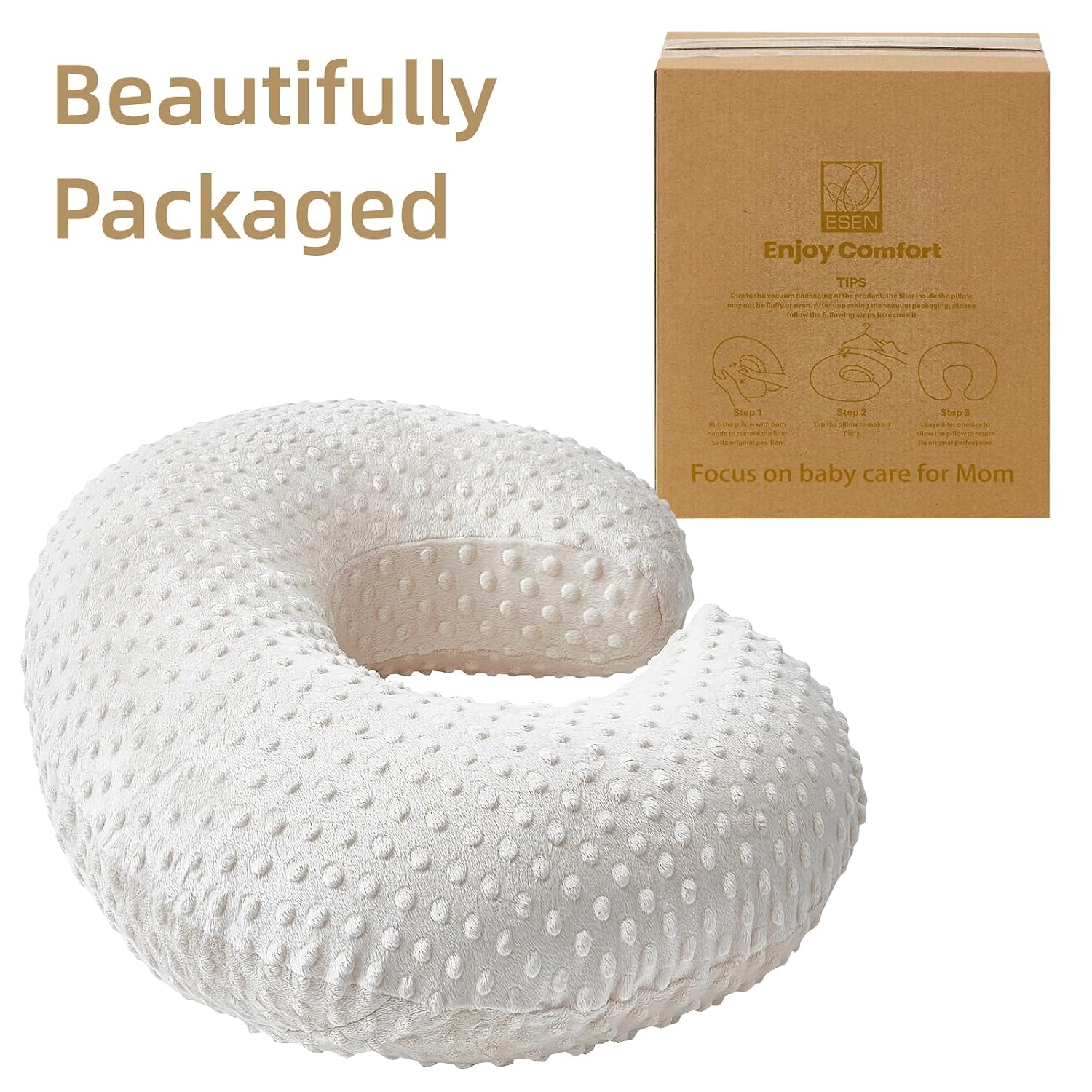 ESEN Nursing Pillow and Body Positioner for Breast Feeding and Bottle Feeding, Ultra Soft Baby Breastfeeding Pillows with Removable Nursing Pillow Cover for More Support for Mom and Baby (Beige)