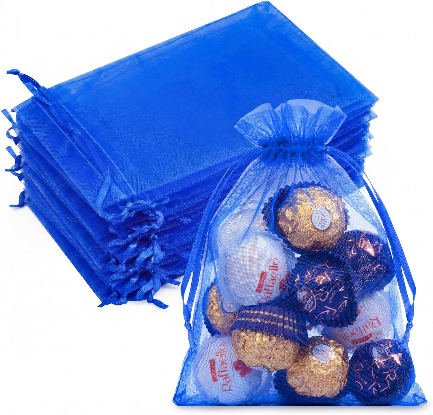 Crweety 50PCS Blue Organza Bags 5x7, Small Gift Bags for Jewelry Sachet Candy Treats, Mini Mesh Bag Drawstring Cute Pouches for Wedding Bridal & Baby Shower Birthday Party Halloween Favors Gifts