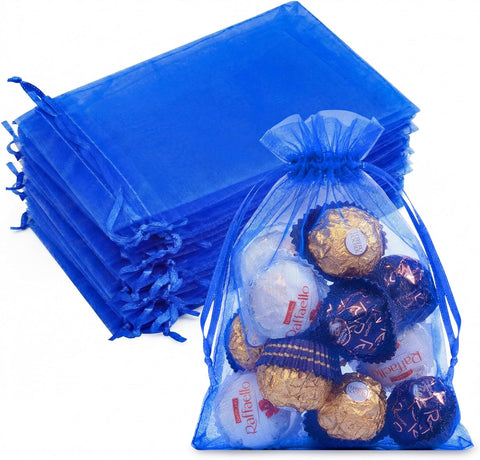Crweety 50PCS Blue Organza Bags 5x7, Small Gift Bags for Jewelry Sachet Candy Treats, Mini Mesh Bag Drawstring Cute Pouches for Wedding Bridal & Baby Shower Birthday Party Halloween Favors Gifts
