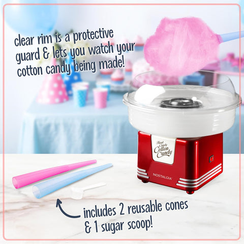 Nostalgia Cotton Candy Machine - Retro Cotton Candy Machine for Kids with 2 Reusable Cones, 1 Sugar Scoop, and 1 Extractor Head – Red