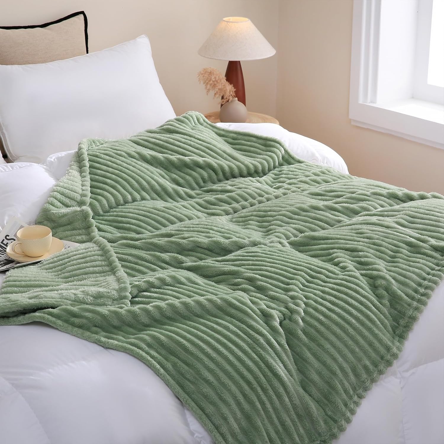Sage Green Fleece Throw Blanket 50”×70” for Couch Sofa Livingroom
