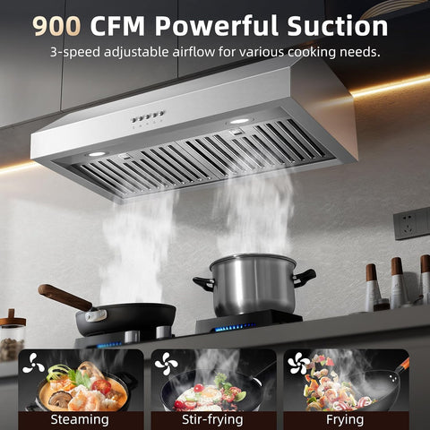 Tiesay 30 Inch Under Cabinet Range Hood 900 CFM with Ductless Convertible Duct Kitchen Hoods, 3-Speed Adjustable, Dishwasher Safe Baffle Filters, LED Lights, Stainless Steel, Button Control