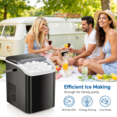 HealSmart Countertop Ice Maker Machine, Fast Making 9 Ice Cubes in 6 Minutes, Self-Cleaning with Scoop, Basket & Handle, 26.5lbs/24Hrs, 2 Sizes Bullet Ice, Portable for Kitchen, Office, Party, Black