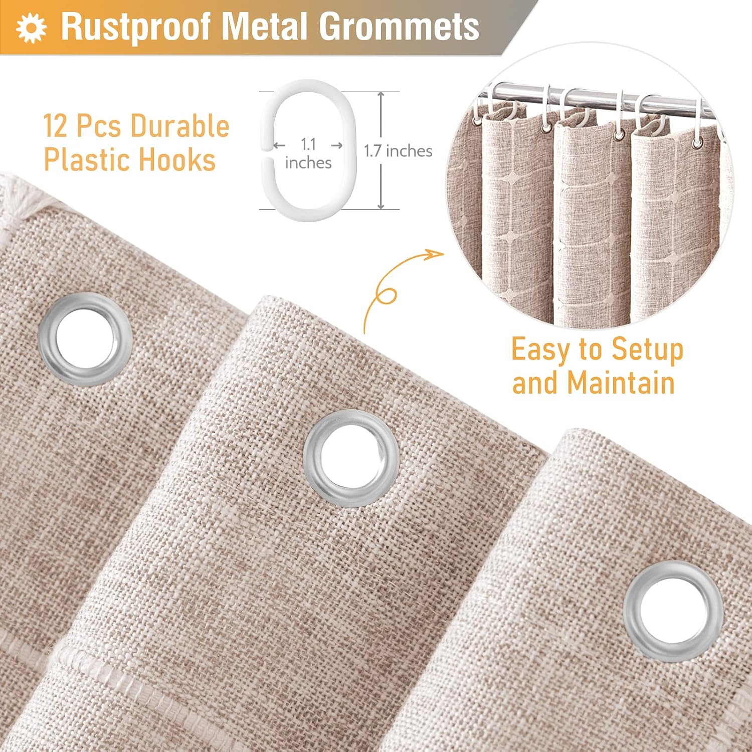 BTTN Taupe Boho Farmhouse Linen Heavy Duty Shower Curtain Set, 72x72, Tan