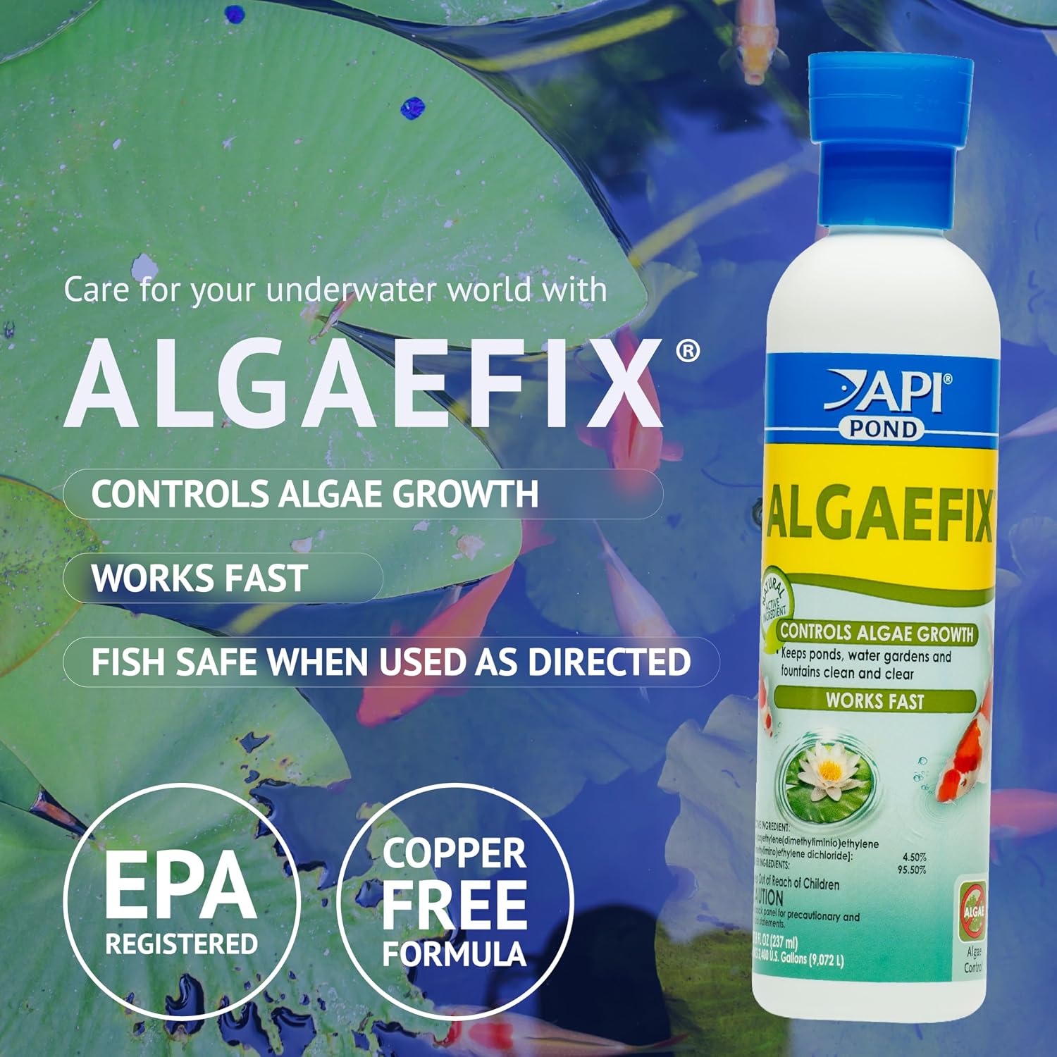 API POND ALGAEFIX (1 gallon) Pond Algae Control - Copper Free - Clean, Clear Water - Up to 38400 Gallons - Safe for Fish, Plants - Water Gardens, Fountains - Natural Active Ingredient - EPA-Registered