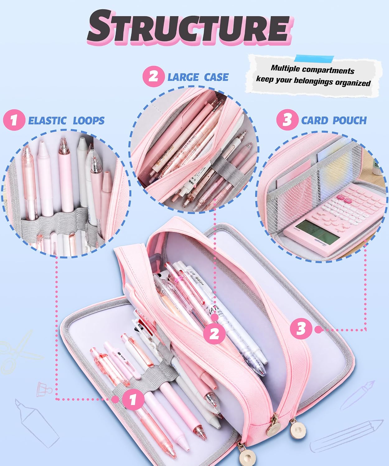 FAHZON Cute Pencil Case, 3 Large Compartments Pencil Pouch, Elastic Pen Slots&Mesh Pockets for Stationery, Pencil Bag for School Supplies with Zipper for Girls Boy Women Teens Adults-Pink