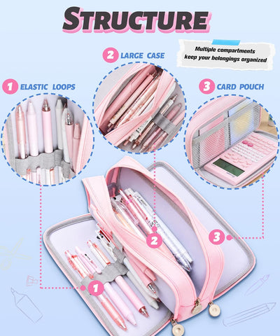FAHZON Cute Pencil Case, 3 Large Compartments Pencil Pouch, Elastic Pen Slots&Mesh Pockets for Stationery, Pencil Bag for School Supplies with Zipper for Girls Boy Women Teens Adults-Pink
