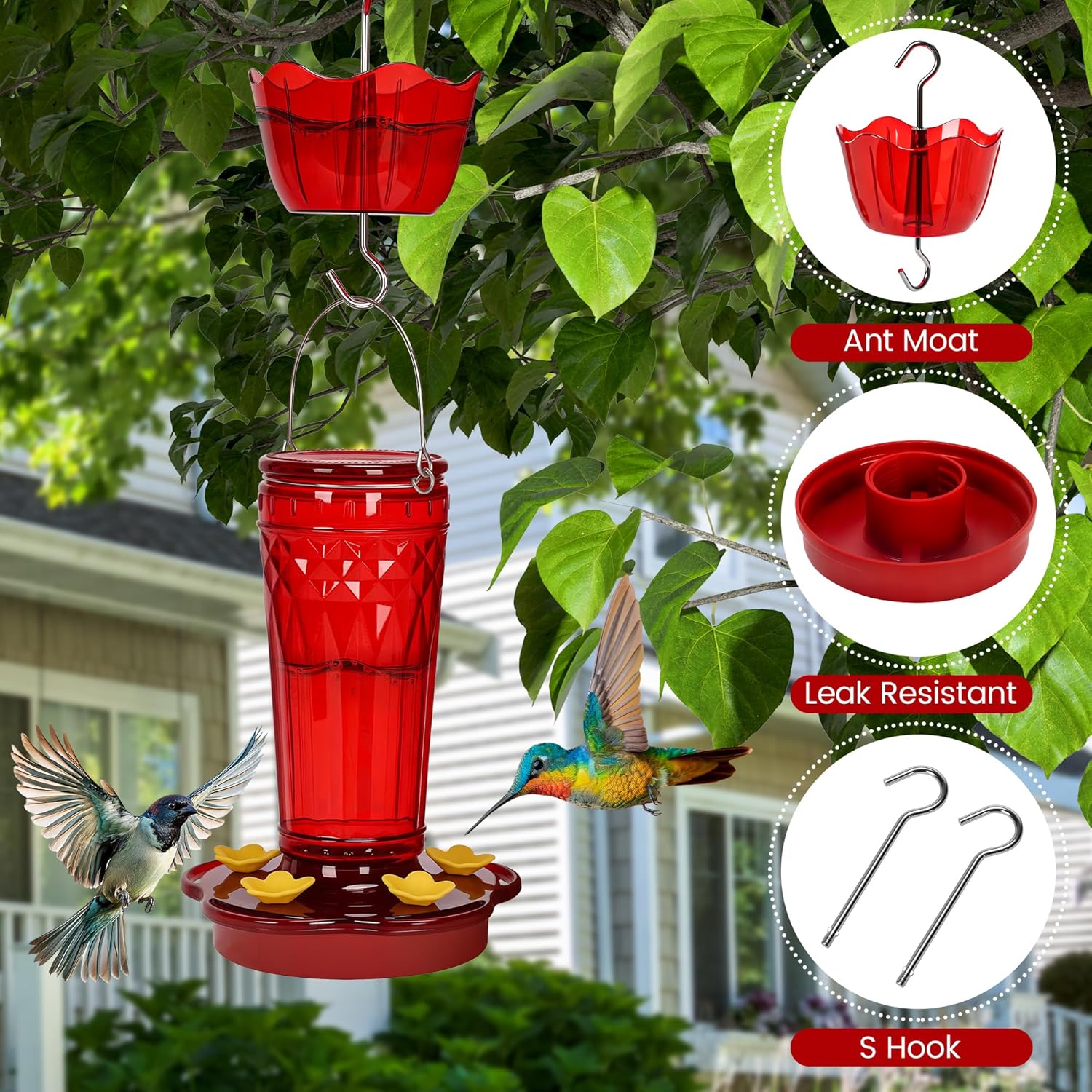 Hummingbird Feeder-14 Ounces，5 Feeding Ports Glass Hummingbird feeders for Outdoors,Wide Mouth for Easy Filling/Cleaning，Hanging for Garden Backyard Decor, Includes Ant Moat (Red，1Pack)
