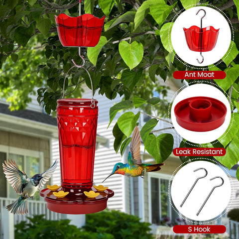 Hummingbird Feeder-14 Ounces，5 Feeding Ports Glass Hummingbird feeders for Outdoors,Wide Mouth for Easy Filling/Cleaning，Hanging for Garden Backyard Decor, Includes Ant Moat (Red，1Pack)