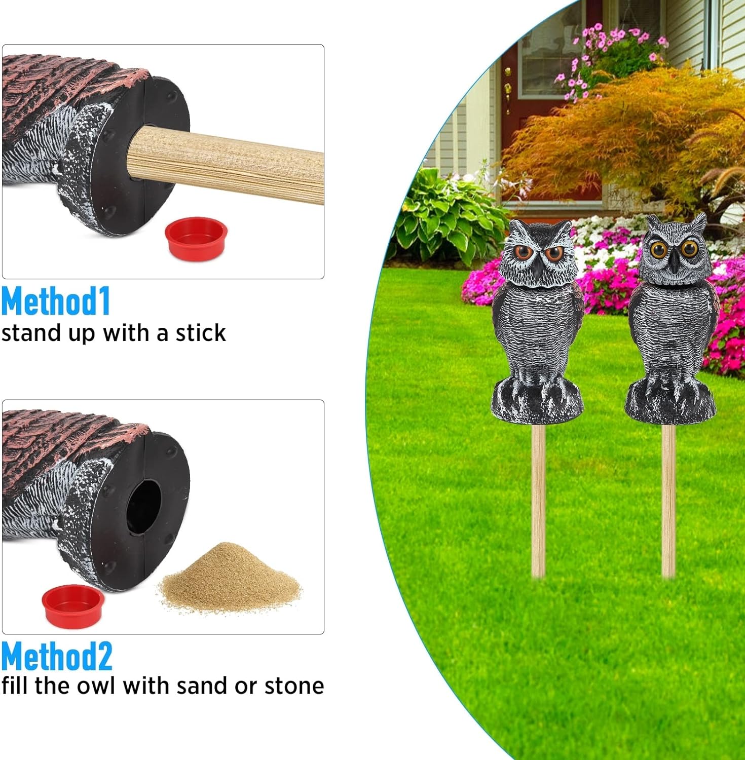 Hedoc 2 Pack Fake Owl Decoys to Scare Birds Away, Rotating Head Bird Deterrents, Nature Enemy Scarecrow Plastic Statues, Pest Repellent for Gardens and Patios