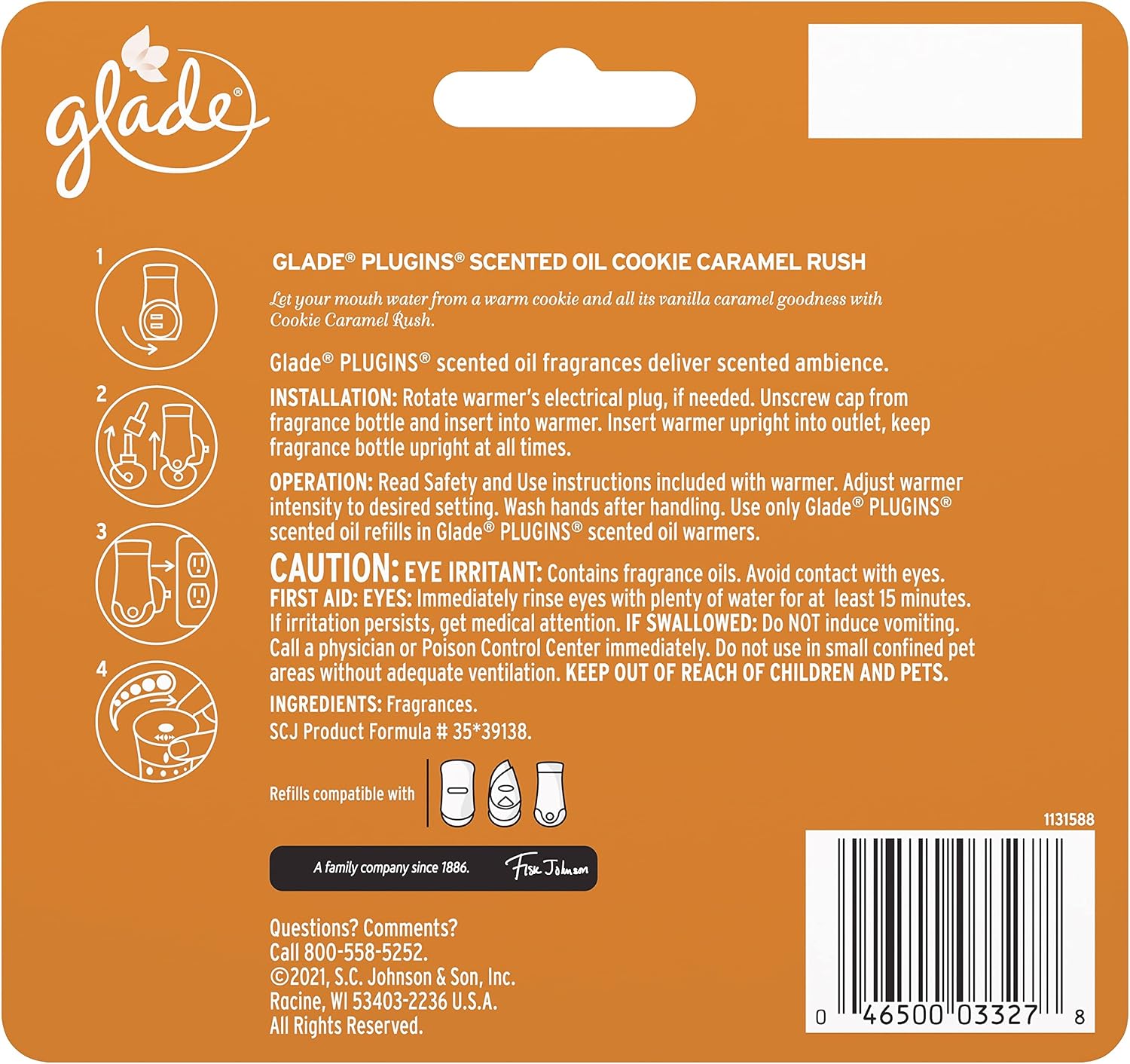 Glade PlugIns Refills Air Freshener, Scented and Essential Oils for Home and Bathroom, Cookie Caramel Rush, 3.35 Fl Oz, 5 Count