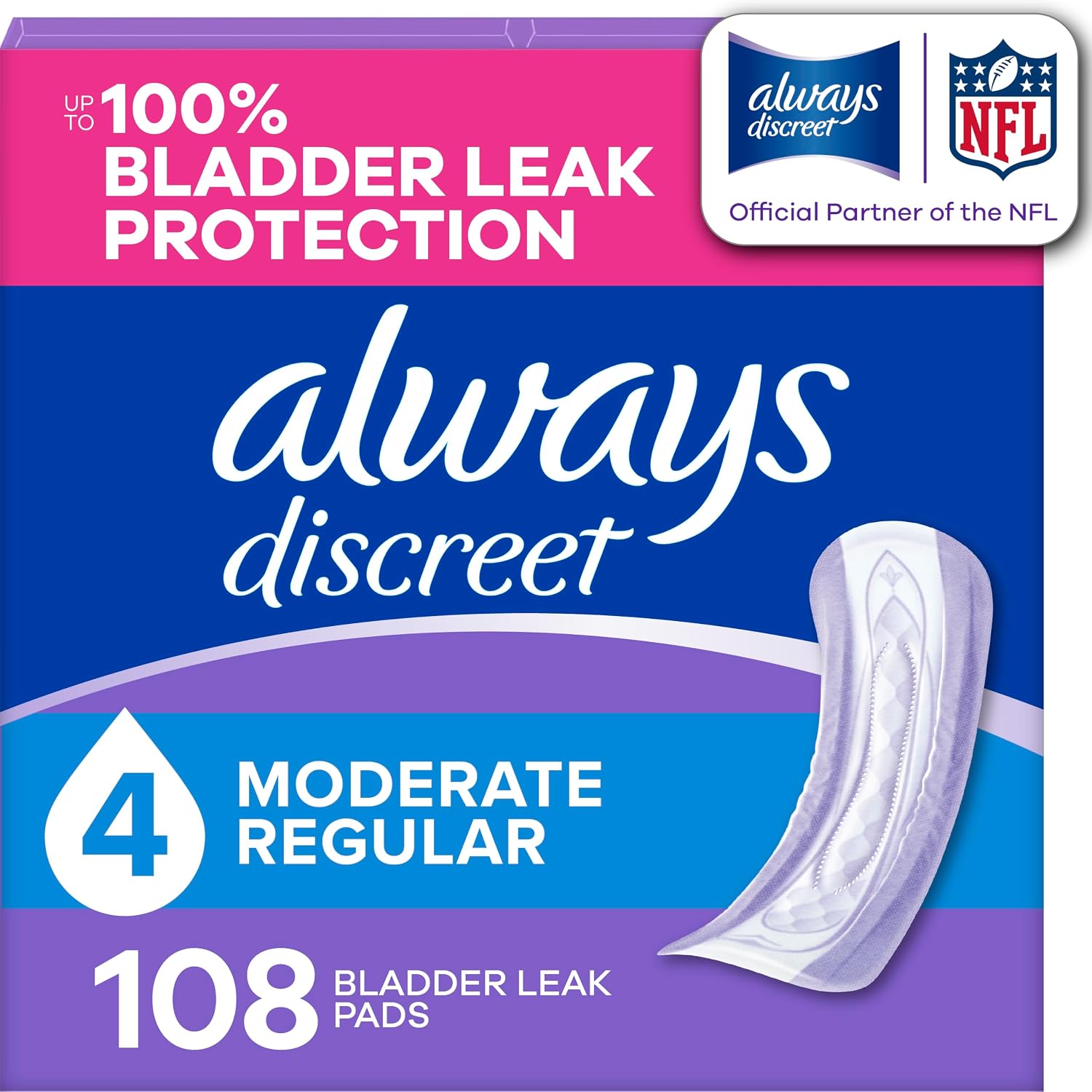 Always Discreet Adult Incontinence Pads for Women, Drier, 4 Drop Regular Length, Moderate Absorbency, Pads for Bladder Control Management, Bladder Leaks, & Postpartum Pads, 108ct