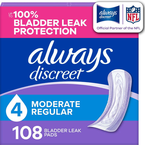 Always Discreet Adult Incontinence Pads for Women, Drier, 4 Drop Regular Length, Moderate Absorbency, Pads for Bladder Control Management, Bladder Leaks, & Postpartum Pads, 108ct