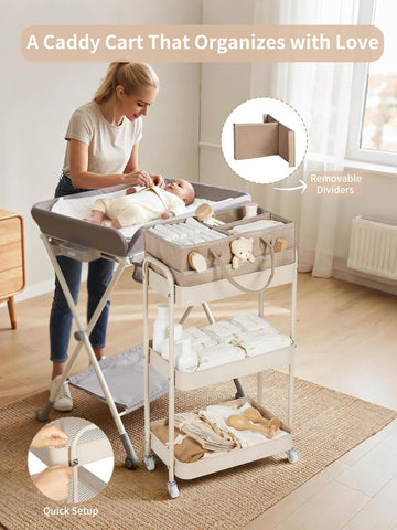 Fortella Baby Diaper Caddy, 3 Tier Rolling Cart for Baby Essentials, Taupe