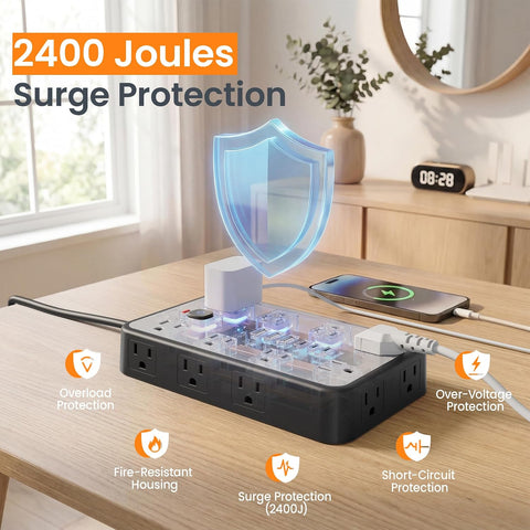 10 FT Surge Protector Power Strip with 6 USB, 16 Outlets, 2400J