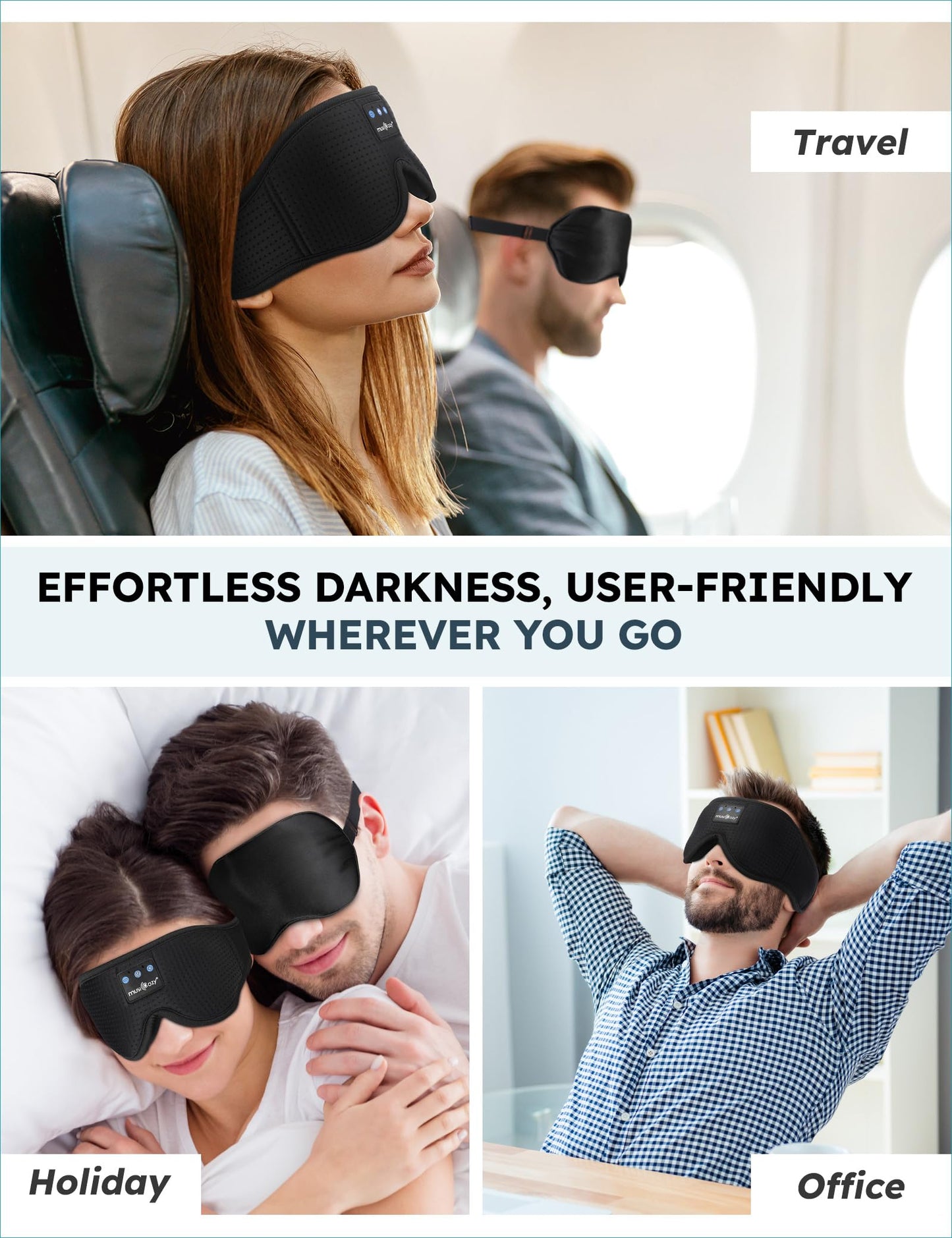 MUSICOZY Sleep Headphones Wireless Mask 3D Sleeping Eye Mask, Music Headband Headphones Sleep Earbuds Earphones for Side Sleeper Sleep Silk Eye Mask Cool Gadget Holiday for Mom Women(Black+Black)