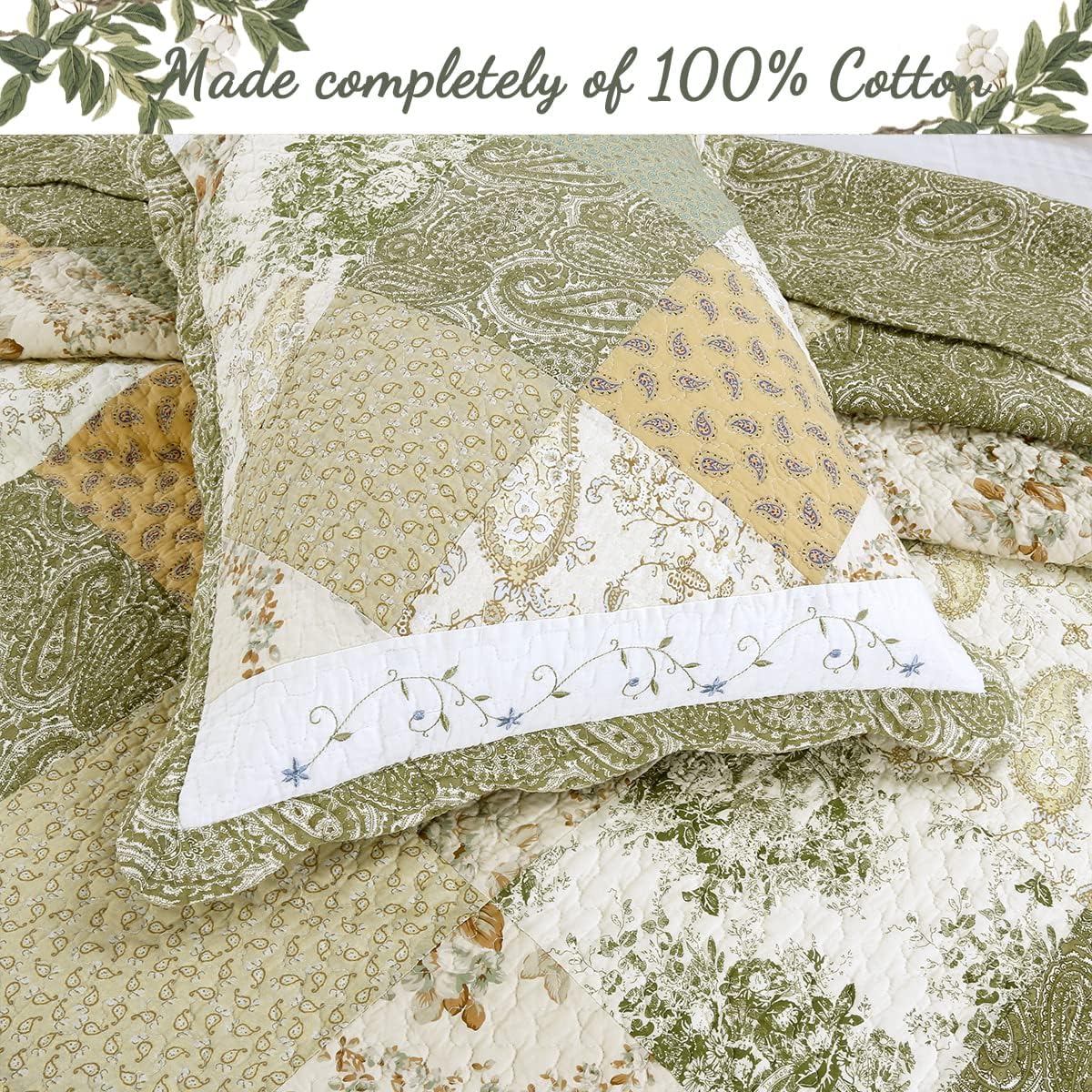 Cozy Line Home Fashions Floral Real Patchwork Green Beige Khaki Yellow Scalloped Edge Country 100% Cotton Quilt Bedding Set, Reversible Coverlet Bedspread (Laura, King - 3 piece)