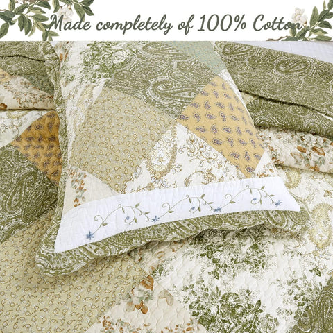 Cozy Line Home Fashions Floral Real Patchwork Green Beige Khaki Yellow Scalloped Edge Country 100% Cotton Quilt Bedding Set, Reversible Coverlet Bedspread (Laura, King - 3 piece)
