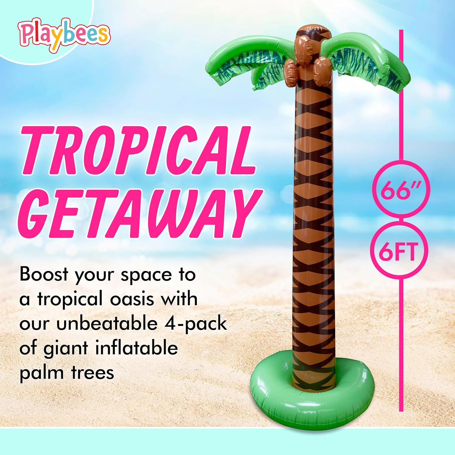 Playbees Giant Inflatable Palm Trees, 66 Inch (5.5 FT), 4 Pack, Tropical Luau Party Decorations for Beach, Poolside, Hawaiian Theme and Outdoor Events, Easy Inflation