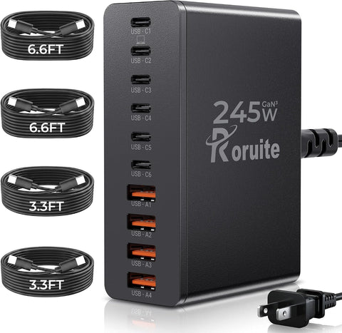 USB C Charging Station 10 Port with 4 Cables,245W GaN Charger Block