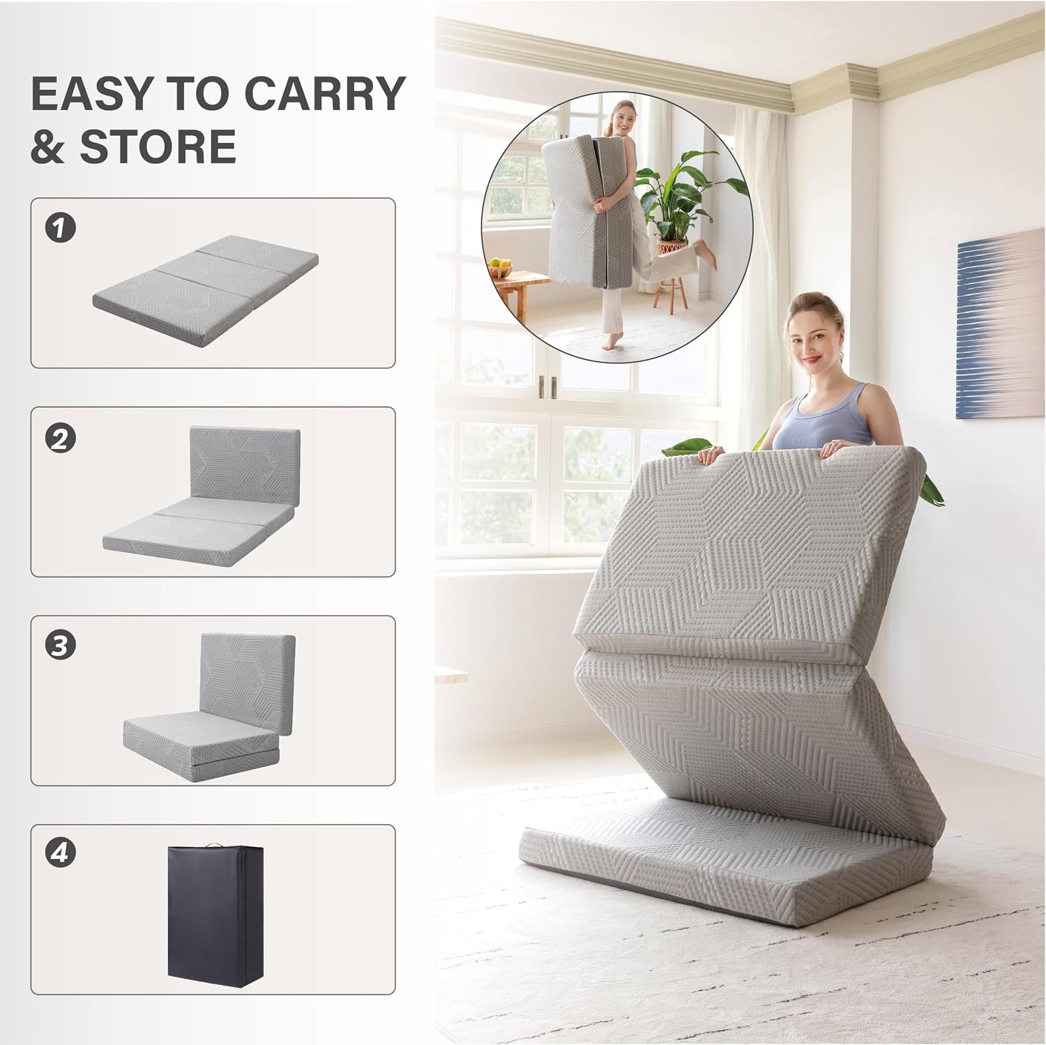 MLILY Single Trifold Mattress, 4 Inch Foldable Gel Memory Foam Mattress