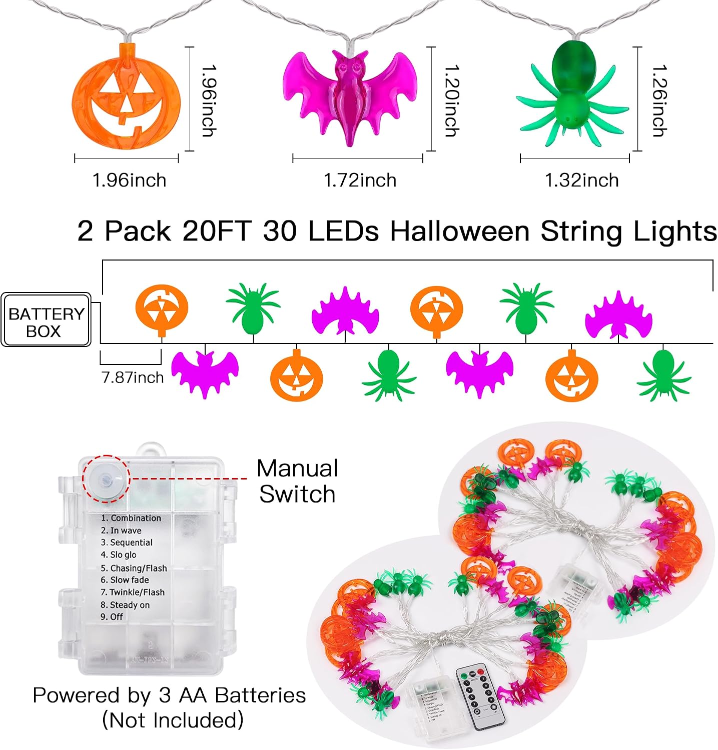 2 Pack Halloween Lights Outdoor Indoor Decorations Total 40FT 60 LED Pumpkin Bat Spider Halloween String Lights Battery Operated, 8 Modes Waterproof Cute Fairy Lights for Home Office Outside Decor