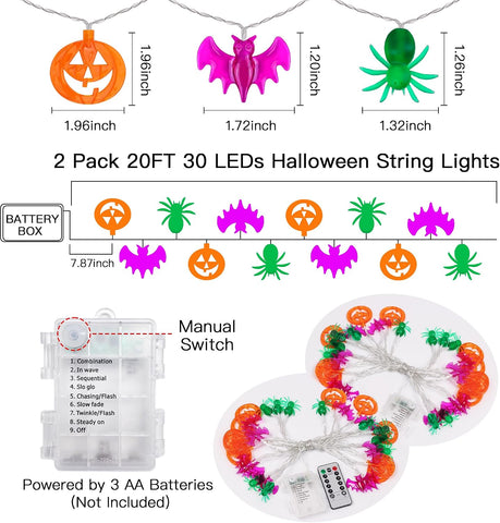 2 Pack Halloween Lights Outdoor Indoor Decorations Total 40FT 60 LED Pumpkin Bat Spider Halloween String Lights Battery Operated, 8 Modes Waterproof Cute Fairy Lights for Home Office Outside Decor