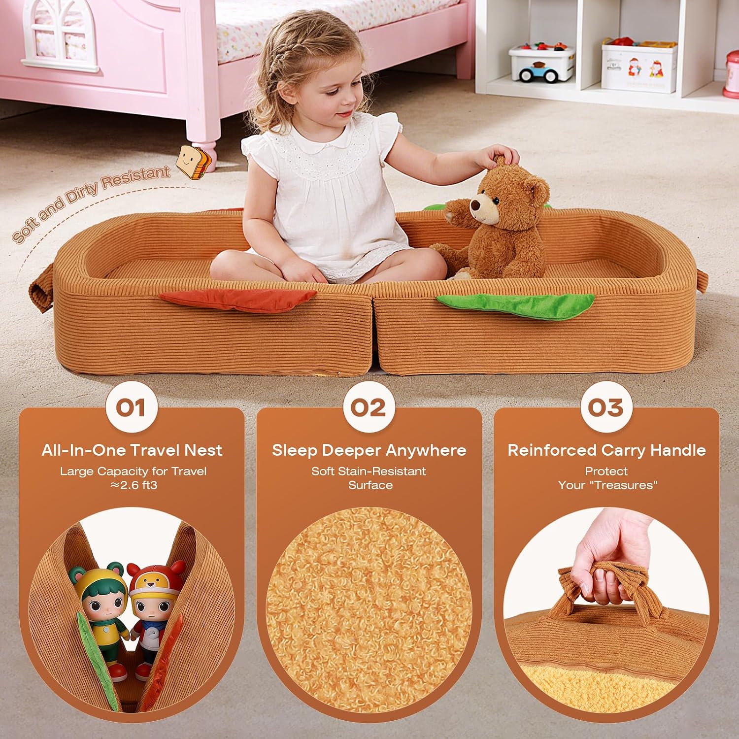 Toddler Travel Bed Sandwich Style - Portable Toddlers Floor Beds, Foldable Soft Foam Travel Crib for Baby and Kid, Washable Cover Toddler Cot with Safety Rail for Travel, Medium Size