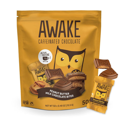 AWAKE - Caffeinated Chocolate Bites - Peanut Butter Milk Chocolate, 50 pieces - 50mg Caffeine - Wrapped Energy Bites - Coffee Alternative - Fairtrade, Gluten Free, Non GMO - 0.48oz