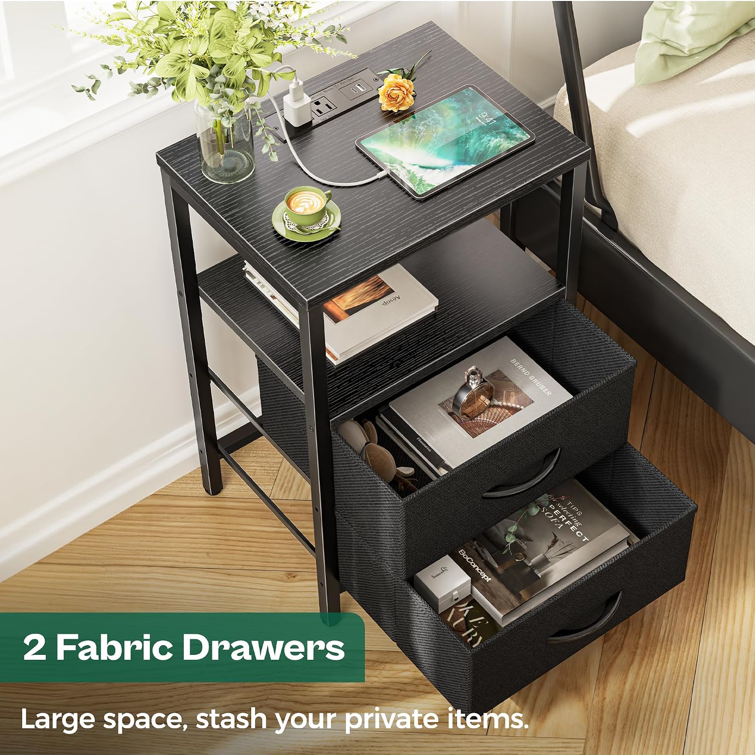 Huuger Nightstand with Charging Station, Side Table with Fabric Drawers